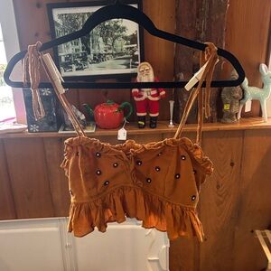 Free People Orange Ruffled Top with Purple Accents